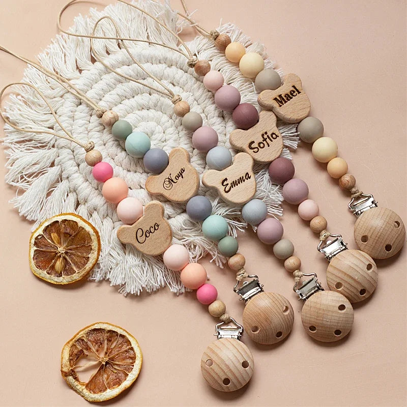 Porte Sucette Bois & Perles Silicones Personnalisable